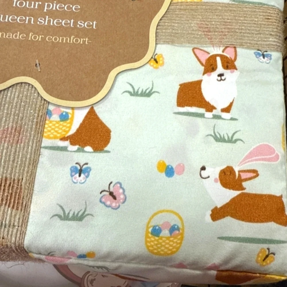 4pc Corgi Dog Easter Bunny Egg Basket Butterfly QUEEN Sheet Set Spring Bed Decor